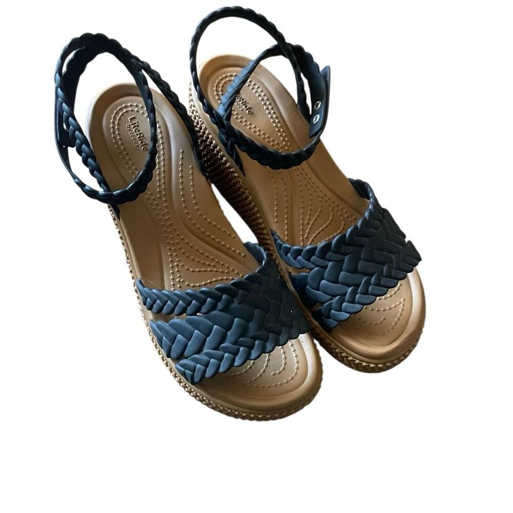 Crocs literide RARE wedge strappy ankle woven braided black tan boho festival co - Picture 2 of 5